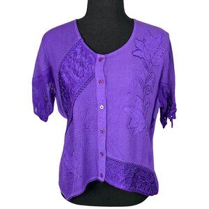 VINTAGE 90s-Y2K Purple Short Sleeve Embroidered Blouse